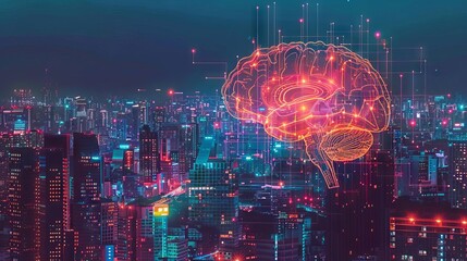 An abstract image of a digital brain superimposed on a cityscape, representing the integration of smart technology in urban planning - obrazy, fototapety, plakaty