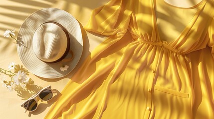 A flat lay composition featuring a yellow sundress, sunhat, and sunglasses, epitomizing effortless summer chic.