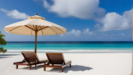 Fototapeta premium beach chairs and umbrella on the beautiful dreamy beach, AI generated