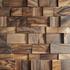 Contemporary wooden wall panelling background texture made of various rectangular pieces of wood in different shades of brown. The wall has a textured surface and some parts are in shadow. 