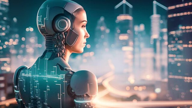 Smart City with robot system artificial intelligence , chatbot AI , Chatting with a smart AI or artificial intelligence chatbot developed 