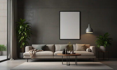 Frame mockup. Poster with plant in vase. Black square photo frame with passepartout. sofa and table in house