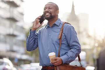 Black man, smile and outdoor with phone call for conversation and communication in New York...