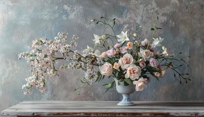 An elegant pastel floral arrangement in a vintage vase, placed on a rustic wooden table
