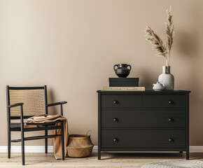 Rustic wooden dresser in an interior design room composition. Minimalistic, chic interiors.