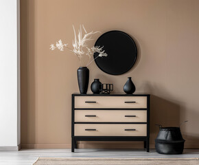 Rustic wooden dresser in an interior design room composition. Minimalistic, chic interiors.