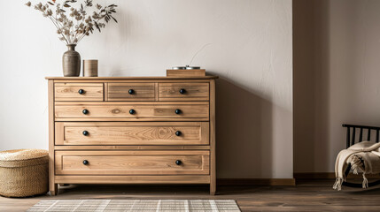 Rustic wooden dresser in an interior design room composition. Minimalistic, chic interiors.