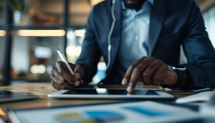 An executive making notes on a digital tablet while listening to a market research podcast through wireless earbuds