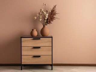 Rustic wooden dresser in an interior design room composition. Minimalistic, chic interiors.