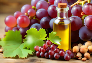 Fototapeta premium A bunch of purple grapes and a bottle of grape seed oil on a wooden table