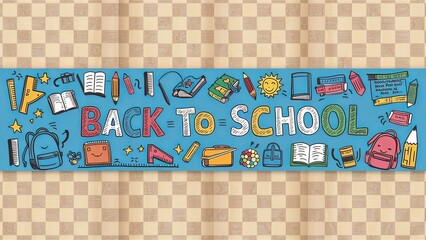 Back to School, horizontal banner, featuring a checkered paper background with pencil doodles scattered
