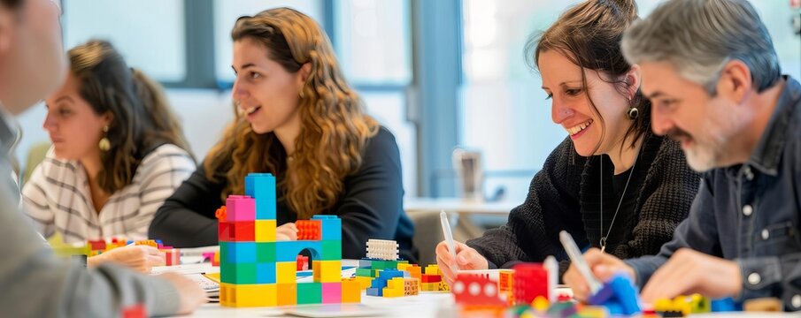 An innovation workshop with participants using blocks to build and share unique business concepts