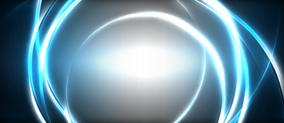 An electric blue and white glowing circle resembling automotive lighting on a dark background, creating a symmetrical and fluid design that mimics the aesthetics of water and glass