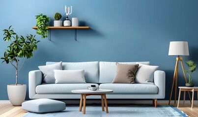Grey sofa against blue wall with shelf. Scandinavian interior design of modern living room, home.