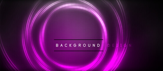 Electric blue and magenta neon circles illuminate a dark background like an art piece. The symmetry of the glowing purple, violet, and iris circles create a mesmerizing waterlike effect