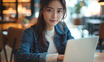 Asian Female Freelancer Working Remotely on Laptop at Coffee Shop, Telecommuting Lifestyle, Connecting Online for Remote Work