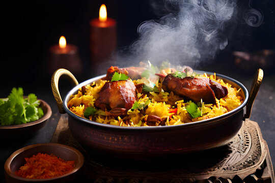 Chicken dhum biriyani using jeera rice and spices arranged in earthen ware with raitha and lemon pickle on grey background.	