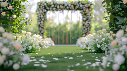 A wedding ceremony unfolds amidst a backdrop of lush greenery and blooming bouquets, creating a picturesque scene for an outdoor garden celebration.