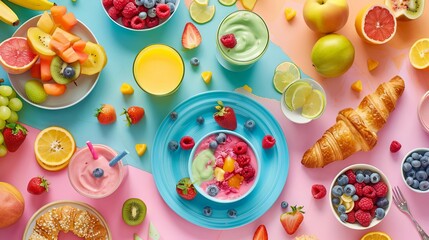 An overhead view of a pastel breakfast setting with smoothies, croissants, and colorful fruit bowls