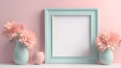 a picture frame with flowers in vases next to it suitable for feminine mockup
