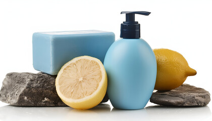 body lotion bottle and herbal soap with lemon