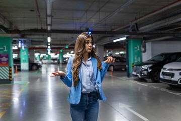 Young woman wearing blue jacket, standing with blurred car in parking lot. Beautiful female in...