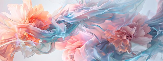 A surreal abstract composition of flowing peach and blue petals.