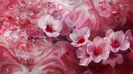 Cherry blossom pinks with deep rose and maroon, accented with soft white swirls for a spring floral theme