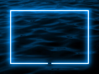 Dark sea wave or river wave background, blue neon light and rectangle shape with horizontal banner.