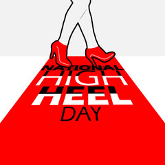 National High Heel Day event banner. A woman wearing red high heel shoes on the red carpet to celebrate on May 20th
