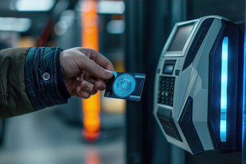Hand holding smart card scanned by biometric reader, ensuring secure identification process.