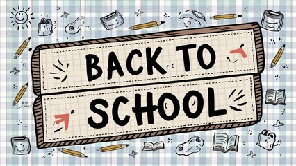 Back to School, horizontal banner, featuring a checkered paper background with pencil doodles scattered