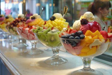 Delicious Italian Ice Cream in a Summer Fruit Flavor, Served at the Creamery Counter  - obrazy, fototapety, plakaty