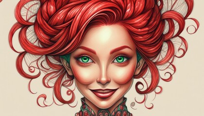 Fototapeta premium Young woman with striking red hair in elegant updo, mysterious green eyes, and a faint