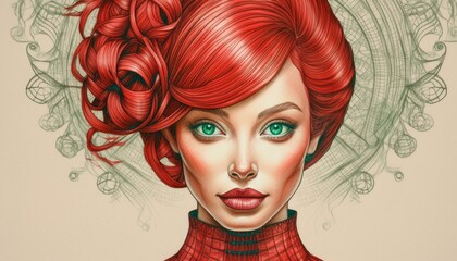 Young woman with striking red hair in elegant updo, mysterious green eyes, and a faint