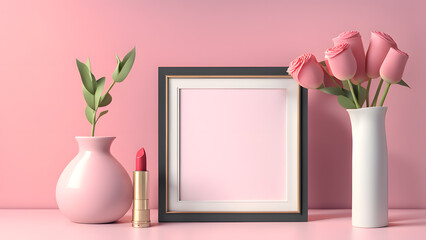 a vase with lipstick pink roses and a picture frame for beauty product showcase