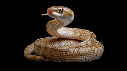 Fototapeta premium The Javanese cobra snake is depicted isolated on a black background, representing its habitat in Java, Indonesia, known scientifically as Naja sputatrix.