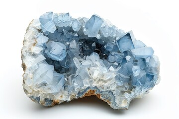Close-Up of Celestite Mineral. Stunning Blue Crystal Stone in Druse, Isolated on White Background.