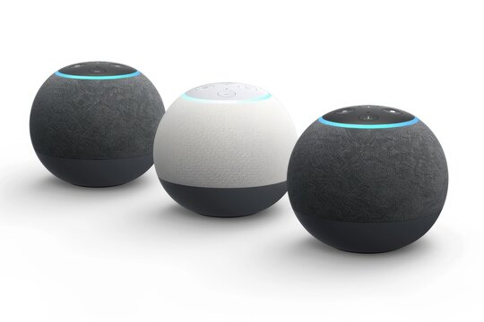 Amazon Echo Dot 4th vs 3rd Generation. White Smart Speaker Device Comparison with Virtual Assistant