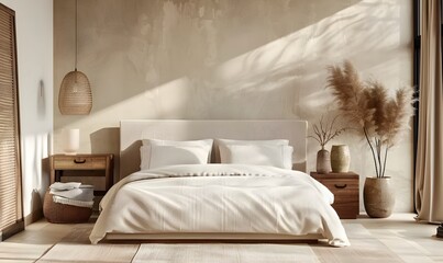 Minimalist interior design of modern bedroom with beige stucco wall.