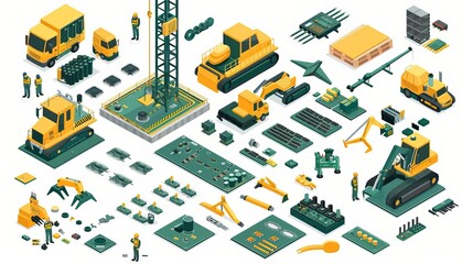 Flat isometric construction industrial building or printed circuit board vector objects illustration set. 3d isometry construction crane builds electronic, components, special machinery, workers