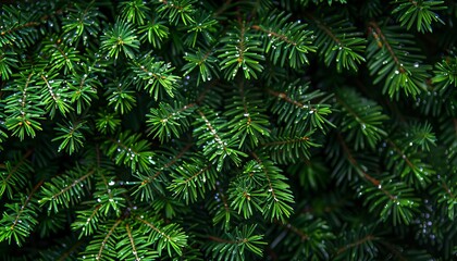 A background of dark green pine needles covered with dew, giving a serene forest ambiance