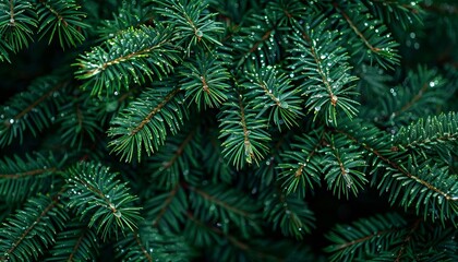 A background of dark green pine needles covered with dew, giving a serene forest ambiance