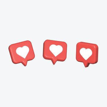 3d Heart textbox, heart icon, love social media notification, love icon for social media on the chat box. Set Like heart icon on a red pin. Set of heart in speech bubble icon. 3d vector illustration