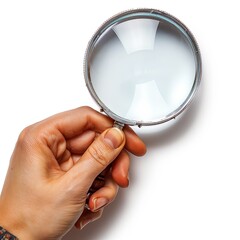 Hand holding magnifying glass isolated on clean white background, abstract transparent isolate for background