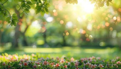 A blurred background of a park with blooming flowers and the sun creating soft bokeh through the trees