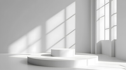 Fototapeta premium White round product display stand with window shadow and sunlight on white background. Stage showcase for products, sales, presentations. Vector 3D illustration.