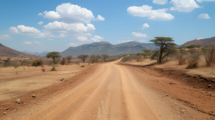 A dirt road leads to mountains on the horizon under a clear blue sky.