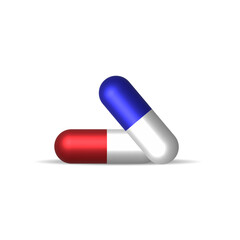 3d Realistic Red, blue and White Pharmaceutical Medical Pill, Capsule, Tablet on White Background. Front View. Copy Space. Medicine, Health Concept