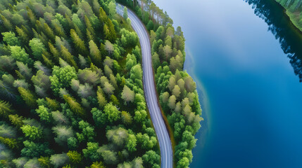Aerial top view of country road in green summer forest and blue lake. Rural landscape in Finland. 3Dl illustration